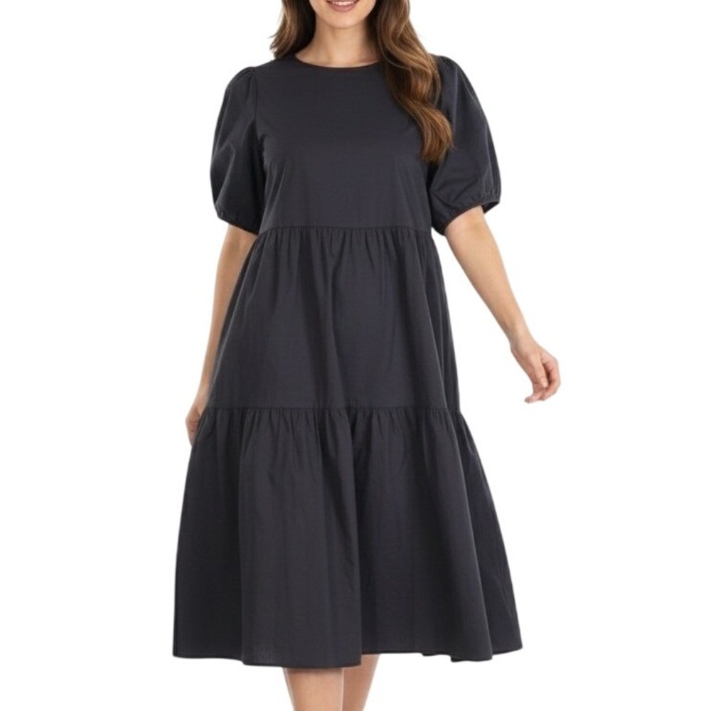 Everlane Dress Womens 4 Black Tiered Puff Sleeve‎ Midi Casual Luxury Minimalist